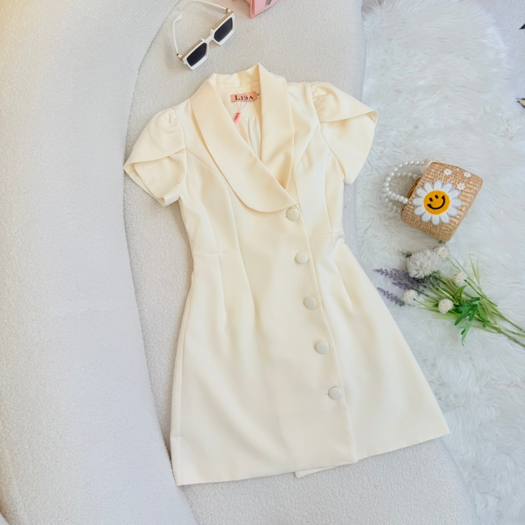 [LISA] A1295 ชุดเดรสกระโปรงคอปกแขนสั้นกระดุมผ่าหน้าเรียบหรูดูแพงใส่ออกงาน ดินเนอร์ คาเฟ่ ทำงาน