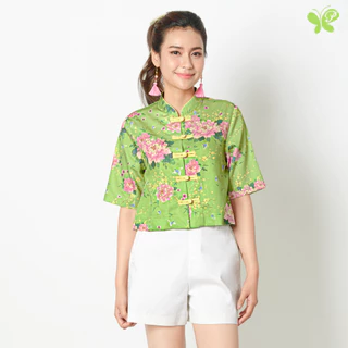 เสื้อครอปคอจีนผู้หญิง [Papillon] Relax Fit Mandarin Cropped Top - Peony พิมพ์ลายดอกโบตั๋นทรงหลวม ผ้าCotton100% เนื้อนุ่ม