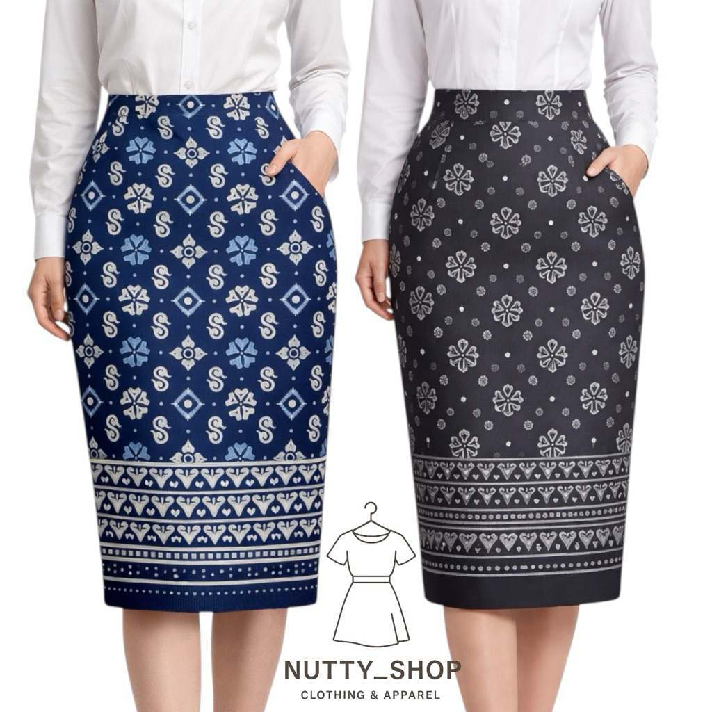 กระโปรงทรงสอบเป๋าลายไทยพิมพ์ลายดอกลัก4กรีบ25นิ้ว S-36