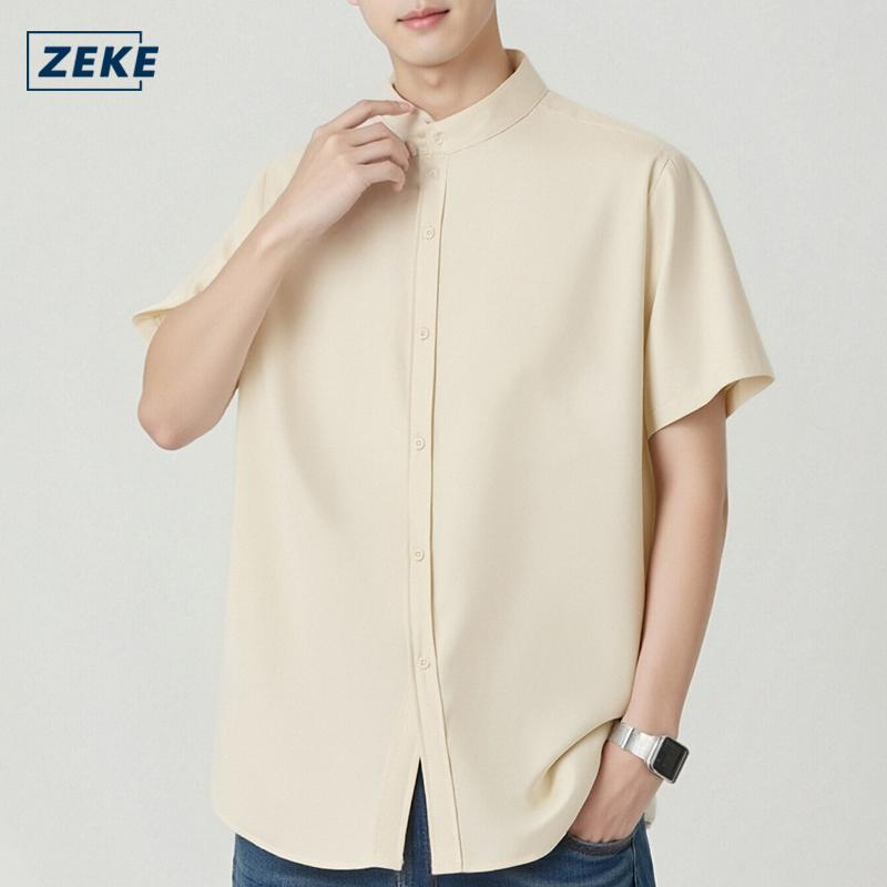 ZEKE A0009 เสื้อเชิ้ตลำลองผู้ชายเสื้อเชิ้ตแขนสั้นติดกระดุมทรงหลวมสไตล์เกาหลีเรียบๆ