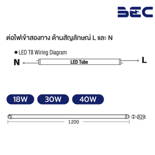 (ยกลัง25หลอด) BEC หลอดไฟ Led T8 18W 30W 40W 120CM ไฟเข้าสองทาง 3000K/4000K/6500K รุ่น LUGA