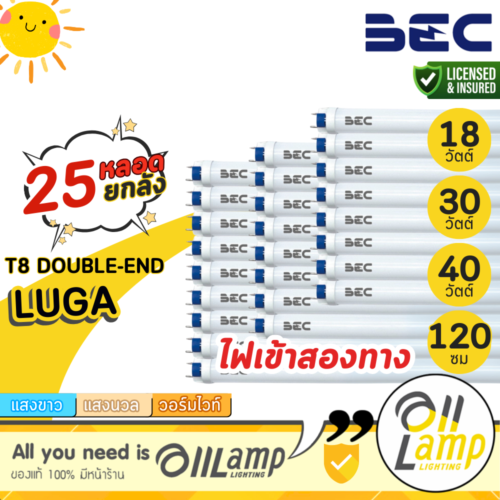 (ยกลัง25หลอด) BEC Luga หลอดไฟ Led T8 18W 30W 40W 120CM  ไฟเข้าสองทาง ออกใบกำกับภาษีได้