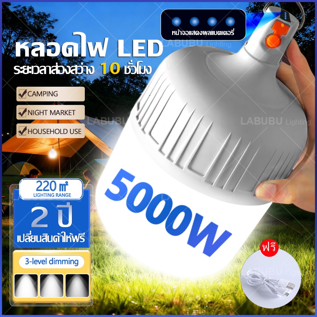 💡หลอดไฟฉุกเฉิน 2000W 3000W 5000W หลอดไฟ LED โคมไฟฉุกเฉิน หลอดไฟพกพา ไฟตั้งแคมป์ โคมไฟไร้สาย ปรับได้ 3 แสง