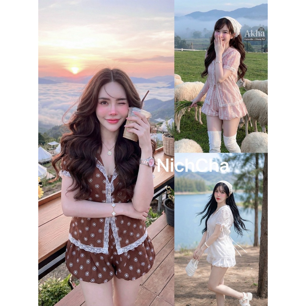 Set2ชิ้น - เสื้อแขนตุ๊กตามีฮู้ด กระดุมหน้า มีเชือกลูกไม้สีขาวเส้นเล็กผูกหลัง - กางเกงขาสั้นบอลลูน มี