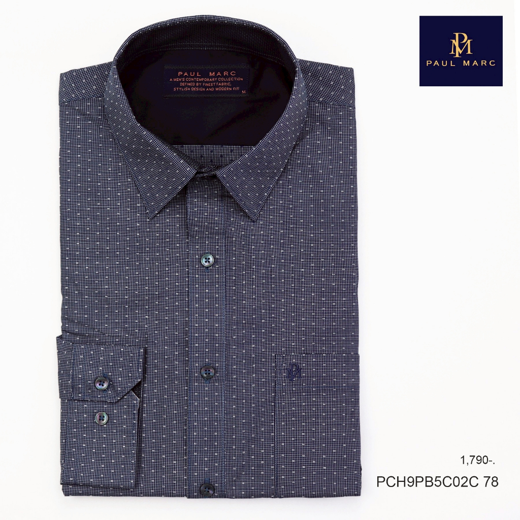 PAUL MARC เสื้อเชิ้ตแขนยาว สีกรมท่า ลาย dobby จุด slim fit cotton ผ้านุ่ม รีดง่าย ยับยาก PCH9PB5C02C – โปรปัง
