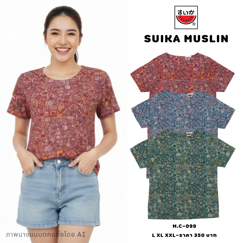 เสื้อแตงโม (SUIKA) - เสื้อผ้าป่านมัสลิน คอปาดกระดุมหลัง 3 เม็ด แขนสั้น  (M.C-099)