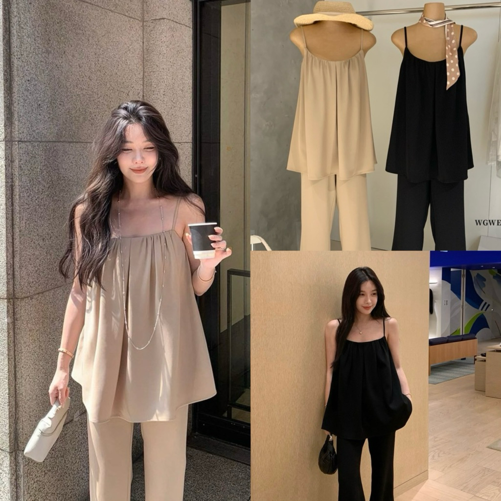 📍พร้อมส่ง เบจ📍8769 Set 2 pcs เสื้อสายเดี่ยว หลังสมอค สายปรับได้ + กางเกงขายาว งานซิปข้าง เนื้อผ้าดีงานสวย TAG:WG.WE 🇰🇷