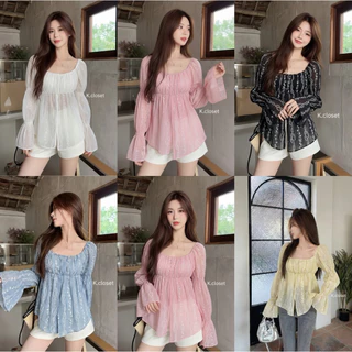 เสื้อญาญ่าโรซี่บางพิมพ์ลาย สาวอวบใส่ได้อกถึง 38นิ้ว Yaya Rosy Blouse