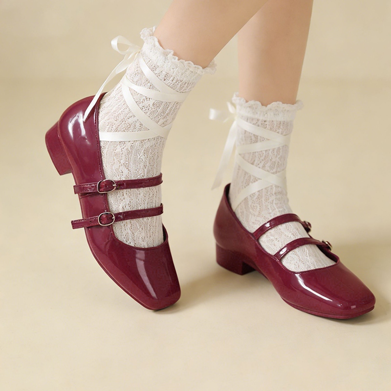 YaaKu Mary Janes รองเท้าแมรี่เจน สไตล์ผู้ดีอังกฤษ ส้นหนา รองเท้าส้นสูงหัวแหลม สีทึบ ไซส์36-41