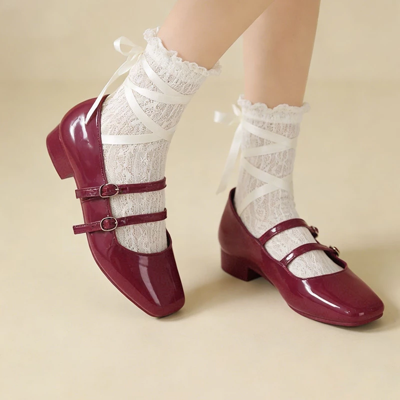 YaaKu Mary Janes รองเท้าแมรี่เจน สไตล์ผู้ดีอังกฤษ ส้นหนา รองเท้าส้นสูงหัวแหลม สีทึบ ไซส์36-41