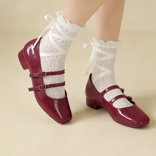 YaaKu Mary Janes รองเท้าแมรี่เจน สไตล์ผู้ดีอังกฤษ ส้นหนา รองเท้าส้นสูงหัวแหลม สีทึบ ไซส์36-41