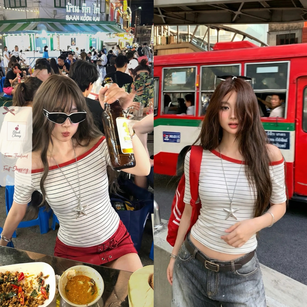 เสื้อยืดผู้หญิง เสื้อปาดไหล่ ครอป ดีไซน์ทูโทน ทรงสวย ใส่ง่าย แมตช์ได้ทุกวัน | Black Cherry