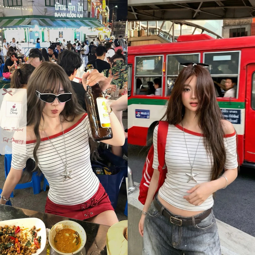 เสื้อยืดผู้หญิง เสื้อปาดไหล่ ครอป ดีไซน์ทูโทน ทรงสวย ใส่ง่าย แมตช์ได้ทุกวัน | Black Cherry