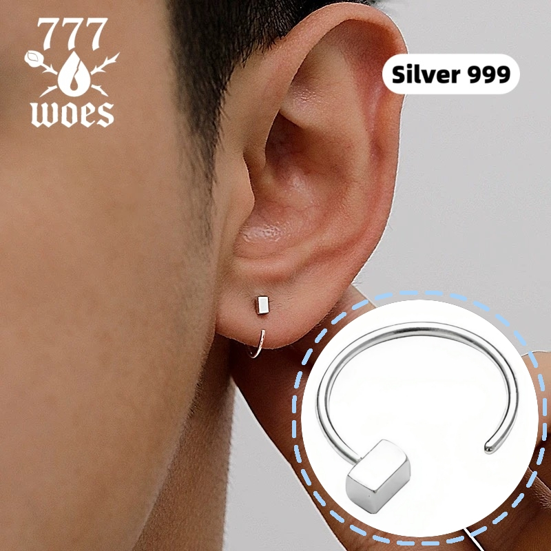 S999เงินแท้ต่างหูห่วงกระดูกอ่อนจิวดีไซน์สี่เหลี่ยมใส่ง่ายถอดสะดวกเรียบหรูดูดีเงางามทนทาน