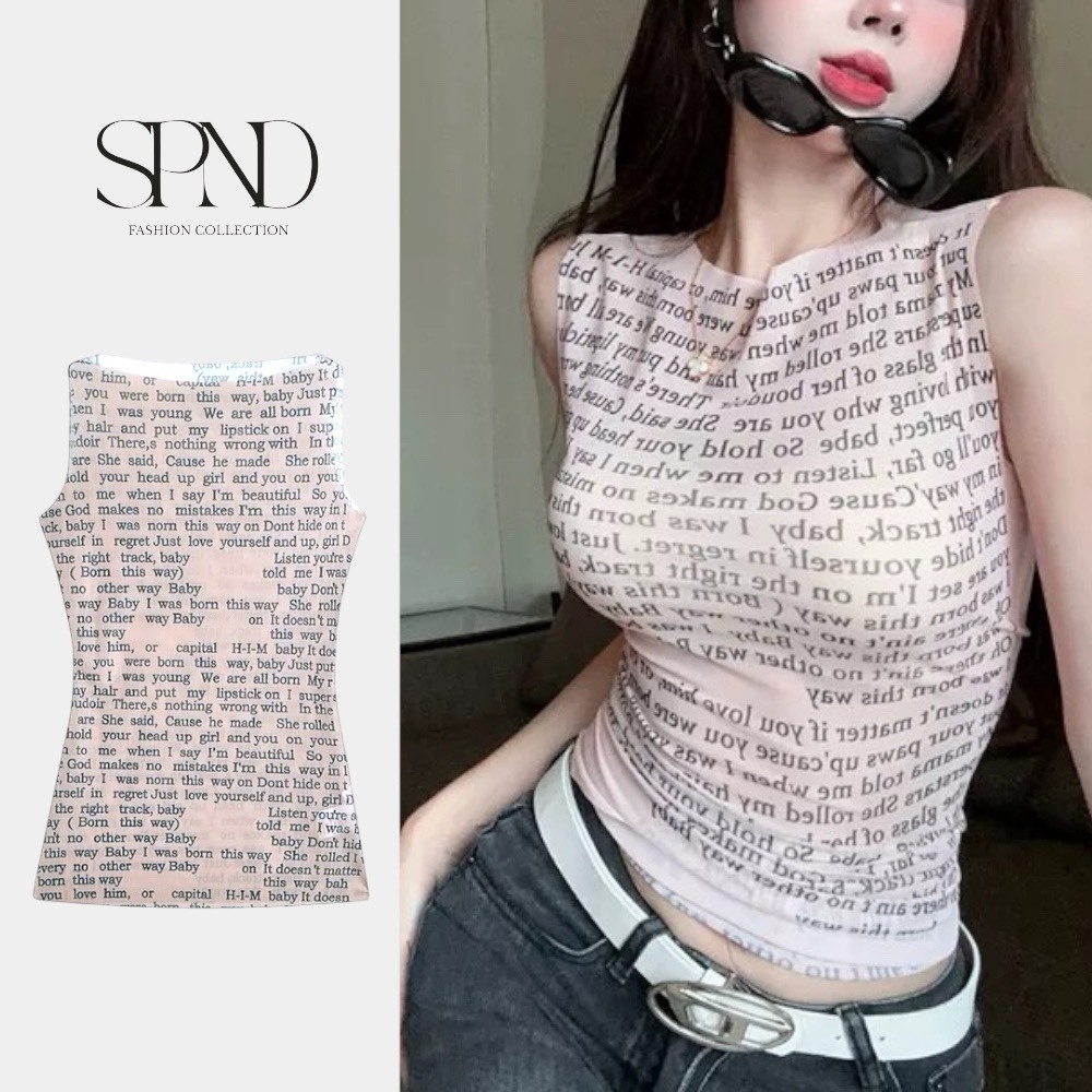SPND เสื้อซีทรูตาข่าย พิมพ์ลายอักษร เก๋ไก๋ ไม่ตกเทรน Women Lady (2492)