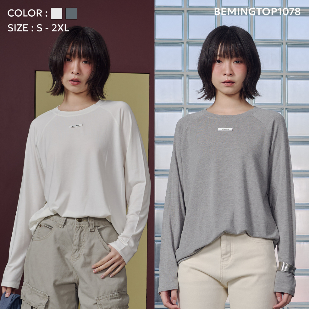 Bemingtop1078(S-2XL)-BMG Crew Neck Tee - เสื้อแขนยาวคอกลมสไตล์มินิมอล โทนเรียบ ปักป้ายโลโก้ BEMING