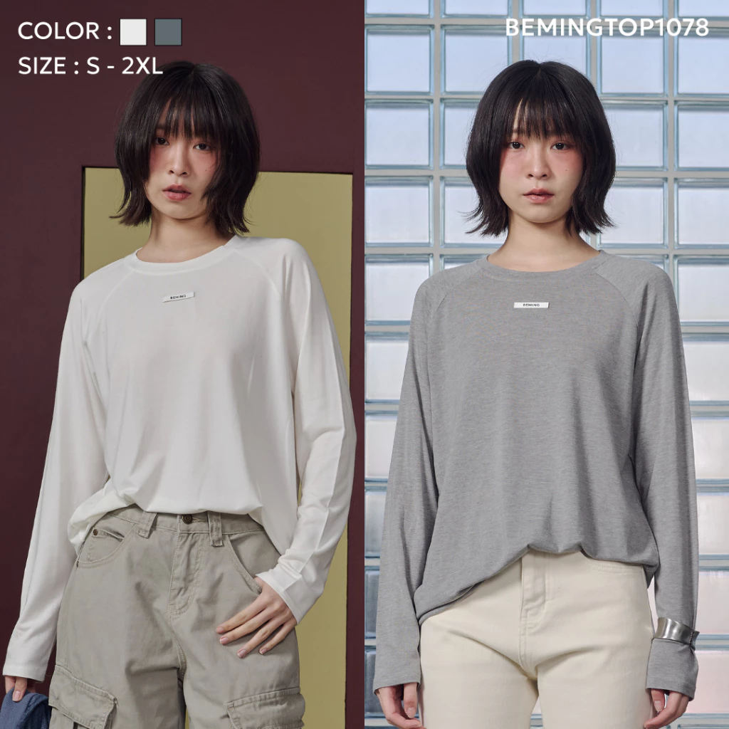 Bemingtop1078(S-2XL)-BMG Crew Neck Tee - เสื้อแขนยาวคอกลมสไตล์มินิมอล โทนเรียบ ปักป้ายโลโก้ BEMING