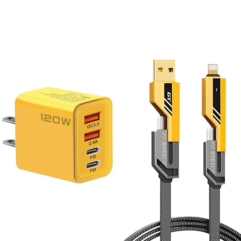 120W ชุดชาร์จเร็ว PD หัวชาร์จ+สายชาร์จ QC 3.0 Quick charging 2PD + 2USB Adapter สําหรับ I&P 15 14 13 12 MicroUSB TYPE-C