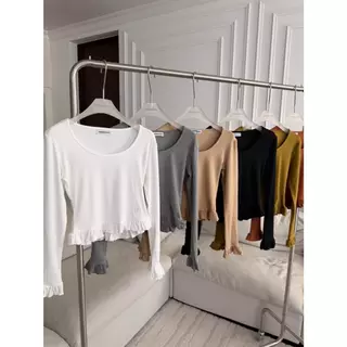 PTSL2325 เสื้อแขนยาวแต่งเอวระบายปักโลโก้ PROMTHONG