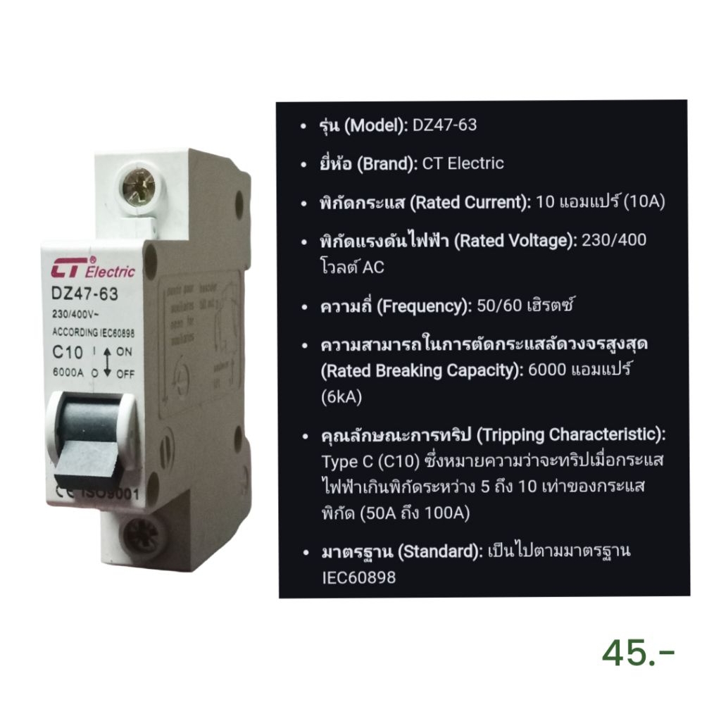 เซอร์กิตเบรกเกอร์ CT Electric รุ่น DZ47-63 (1P) 10A 16A 20A - รูปที่ 3