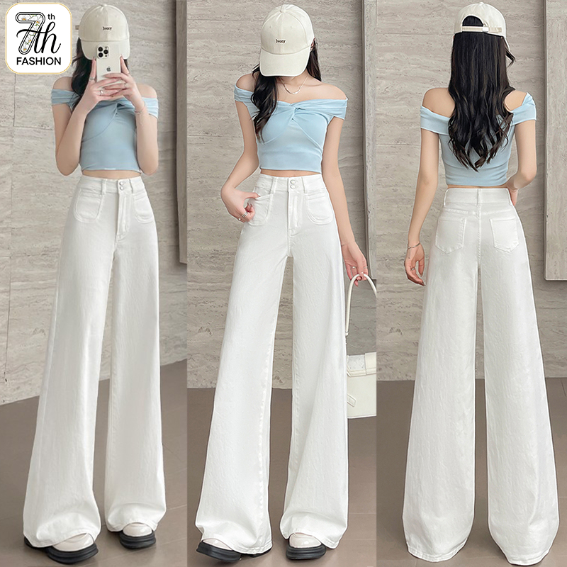 ✨ S-5XL กางเกงยีนส์ผู้หญิงเอวสูง สีขาว ทรงตรง ไซส์ครบ! ใส่กระชับสัดส่วน ขาตรงดูเพรียว ✨