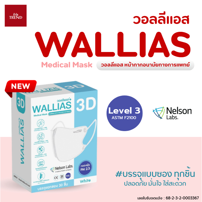 วอลลิแอส Medical Mask วอลลิแแอส หน้ากากอนามัยทางการแพทย์ 3D ( สำหรับผู้ใหญ่ ) กรองเชื้อ Bacteria และ VIRUS ใส่สบายไม่อับ