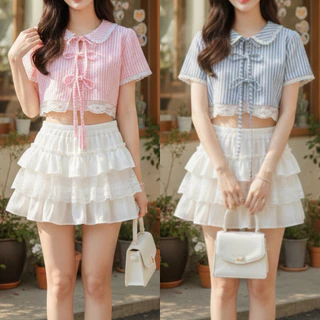 🌸OVP🌸 เสื้อครอปคอบัว ผ้าลายริ้วสีพาสเทล แต่งเชือกผูกโบว์หน้า