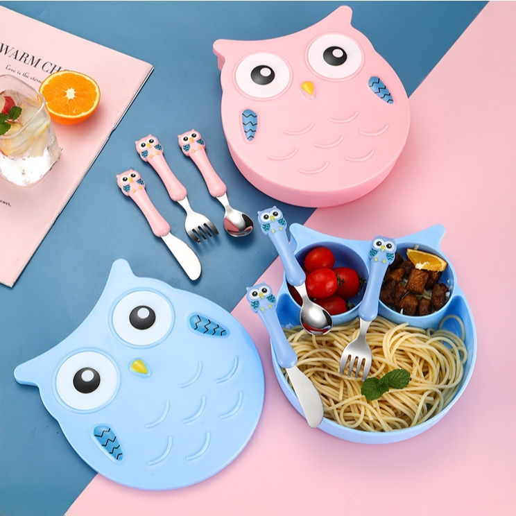 จานข้าวเด็กรูปนกฮูก 🦉 เซ็ท4ชิ้น แบ่งช่องใส่อาหาร 3 หลุม พร้อมชุดช้อนส้อมและมีด สแตนเลส 304 🍴 ปลอดภัยสำหรับลูกน้อย