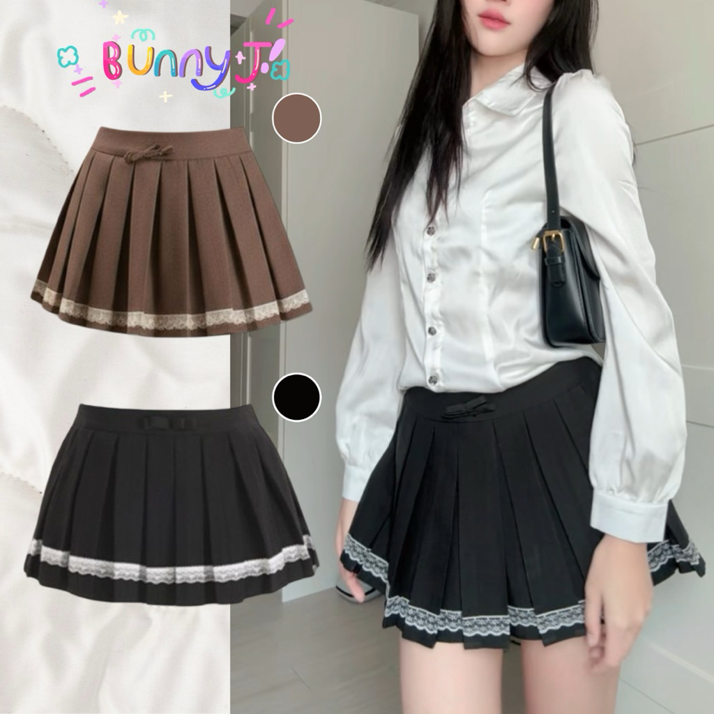 กระโปรงพลีสสั้น ผู้หญิง Skirt เอวสูง มีซับใน พร้อมส่งในไทย น่ารักๆดีเทลลูกไม้ตรงชายกระโปรง น่ารักเซ็กซี่ สไตล์เวียดนาม