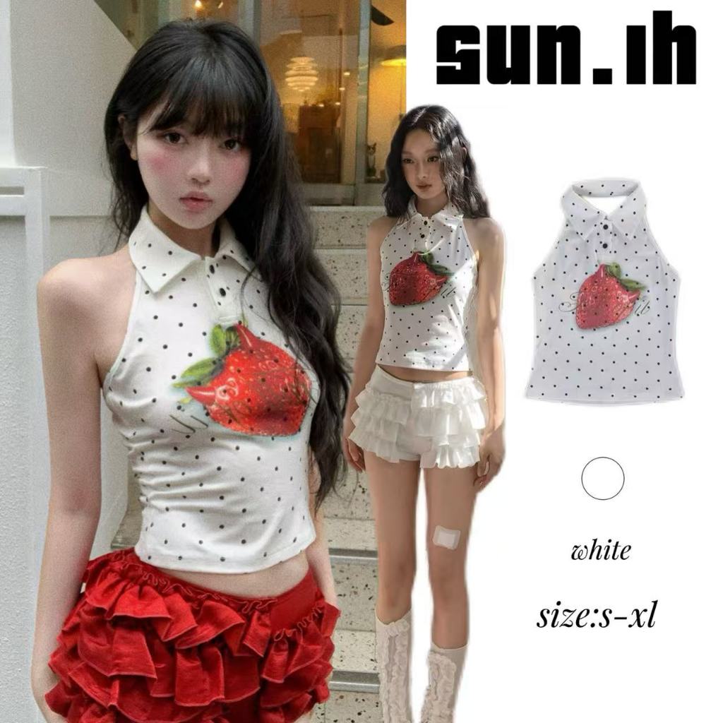 SUN🛍️พร้อมส่ง🛍️เสื้อกล้ามคอ halter สไตล์เกาหลีพิมพ์ลายสตรอว์เบอร์รีและจุด สำหรับผู้หญิง เสื้อเปิดหลังสุดฮิตสำหรับฤดูร้อน