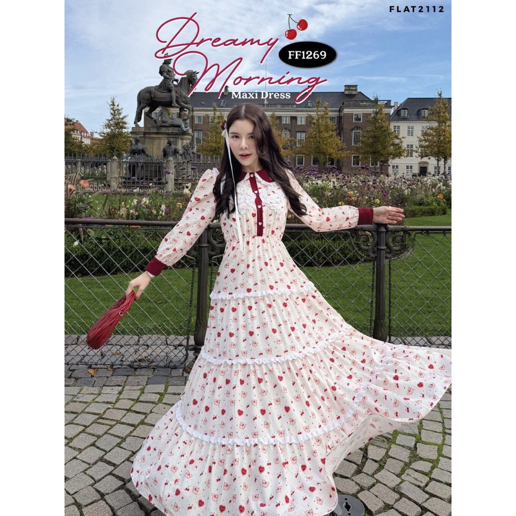 New in pack size M L FLAT2112 : DREAMY MORNING MAXI DRESS เดรสยาวลูกไม้แขนยาว ลายหวานสไตล์เกาหลี (FF1269)