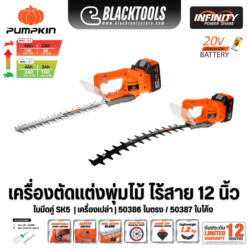 PUMPKIN เครื่องตัดแต่งพุ่มไม้ ไร้สาย ใบตรง12นิ้ว ใบโค้ง14นิ้ว 50386 50387 Blacktools