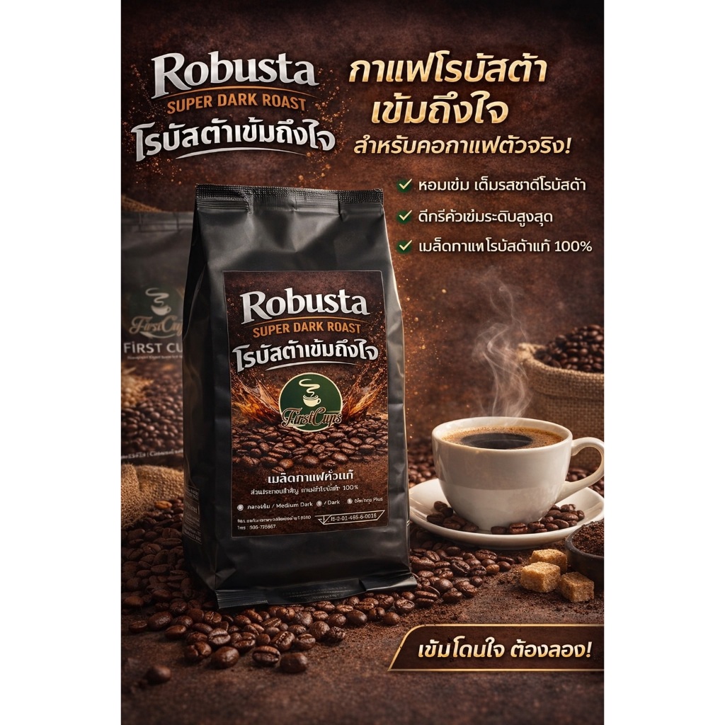 โรบัสต้าเข้มถึงใจ Robusta Superdark Roast ขนาด 1กิโลกรัมจากโรงคั่วกาเเฟ Firstcups