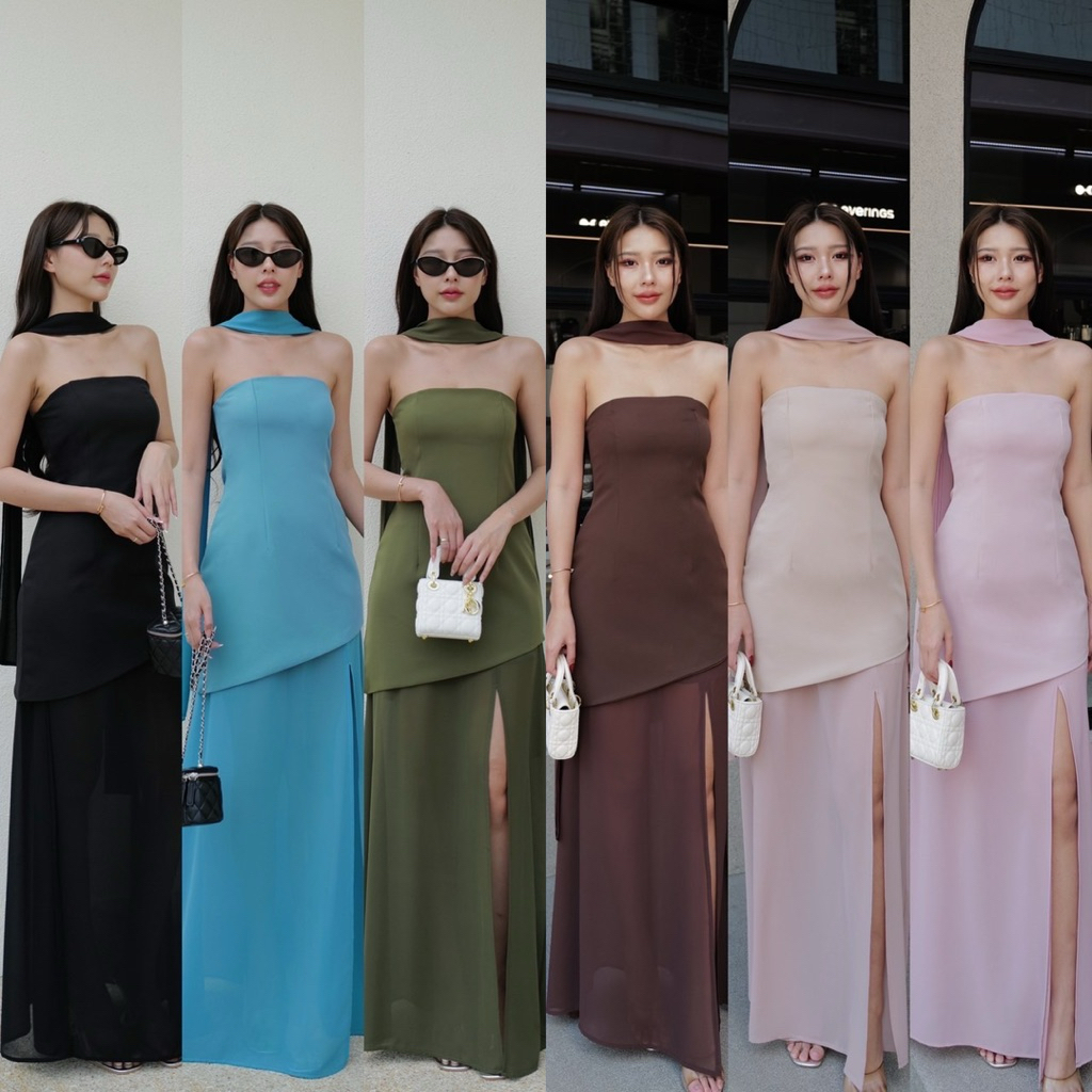 FK : เซ็ต 3 ชิ้น เกาะอก ตัวยาว ซับใน กับ กระโปรง ยาว ซีทรู ผ่าสูง ซิปหลัง กับ เชือกพันคอ โช็คเกอร์ แ