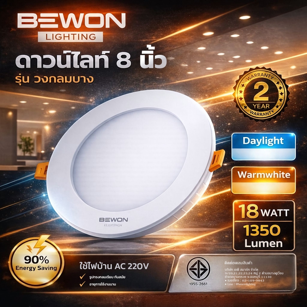 ดาวน์ไลท์ LED 8 นิ้ว BEWON 18W วงกลมบาง Daylight / Warmwhite