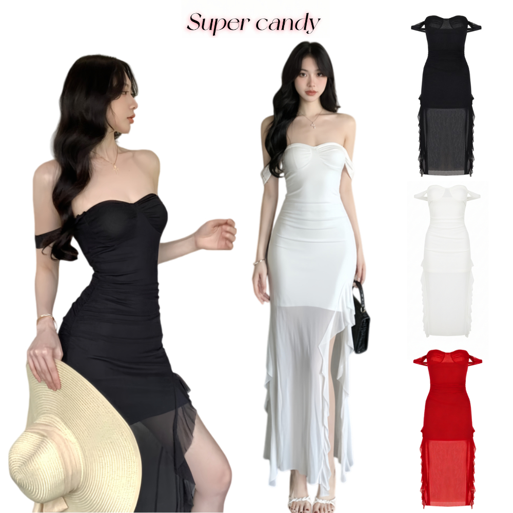 SuperCandy🌷เดรสผ้าซาตินแขนกุดสีดำ เปิดไหล่ข้างเดียว ชุดกระโปรงติดตัวยาวซ่อนพุง ชุดกระโปรงปลายบาน ลูกไม้ต่อขอบ