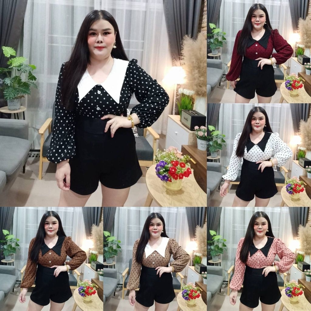 เสื้อลายจุดคอบัวแขนบอลลูน มีสม็อคหลัง ผ้าท็อปฟี่