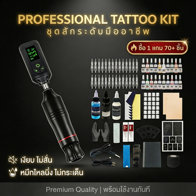 🔥ชุดเครื่องสักไร้สาย จอ LED ดิจิตอล | มือใหม่–ช่างสักมืออาชีพ | ครบชุด 70+ ชิ้น | ปากกาสัก มอเตอร์โรตารี่ เสียงเงียบ