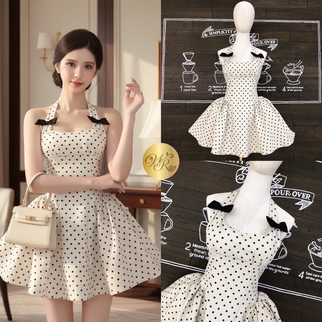 💗 GMT: Widelia @ Real พร้อมส่ง (SML) เดรสสั้นคล้องคอลายจุดแต่งโบว์สีดำ