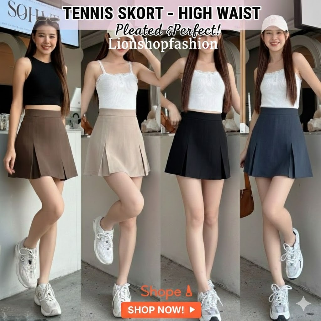 Trend🌈กระโปรงกางเกงทรงเทนนิส(S-2XL) ผ้าป๊อกกี้ ซิปหลังเอวสูง ทรงสวย (กางเกงด้านในใช้ผ้าเดียวกัน)