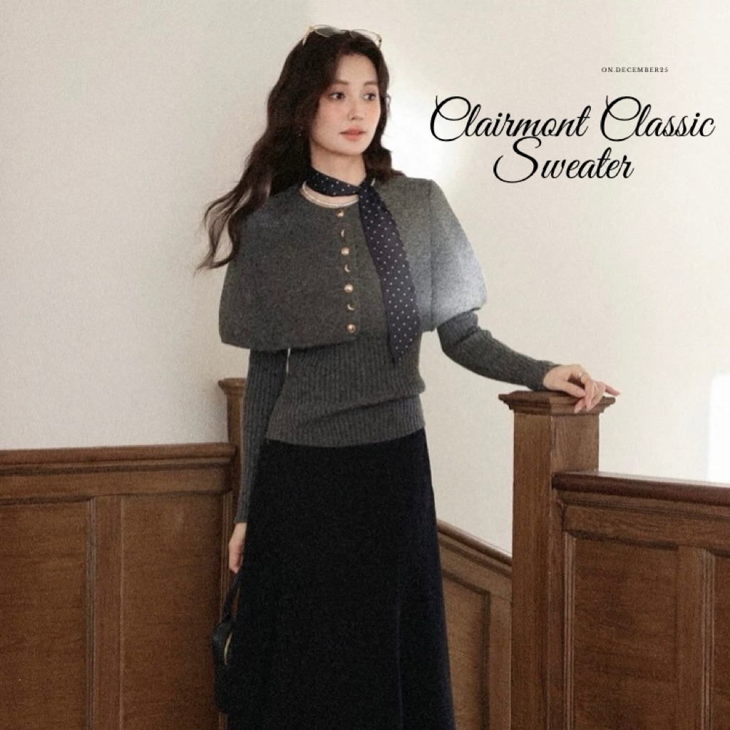 on.december25 เสื้อสเวตเตอร์ Clairmont Classic สีเทามาพร้อมผ้าผูกคอ