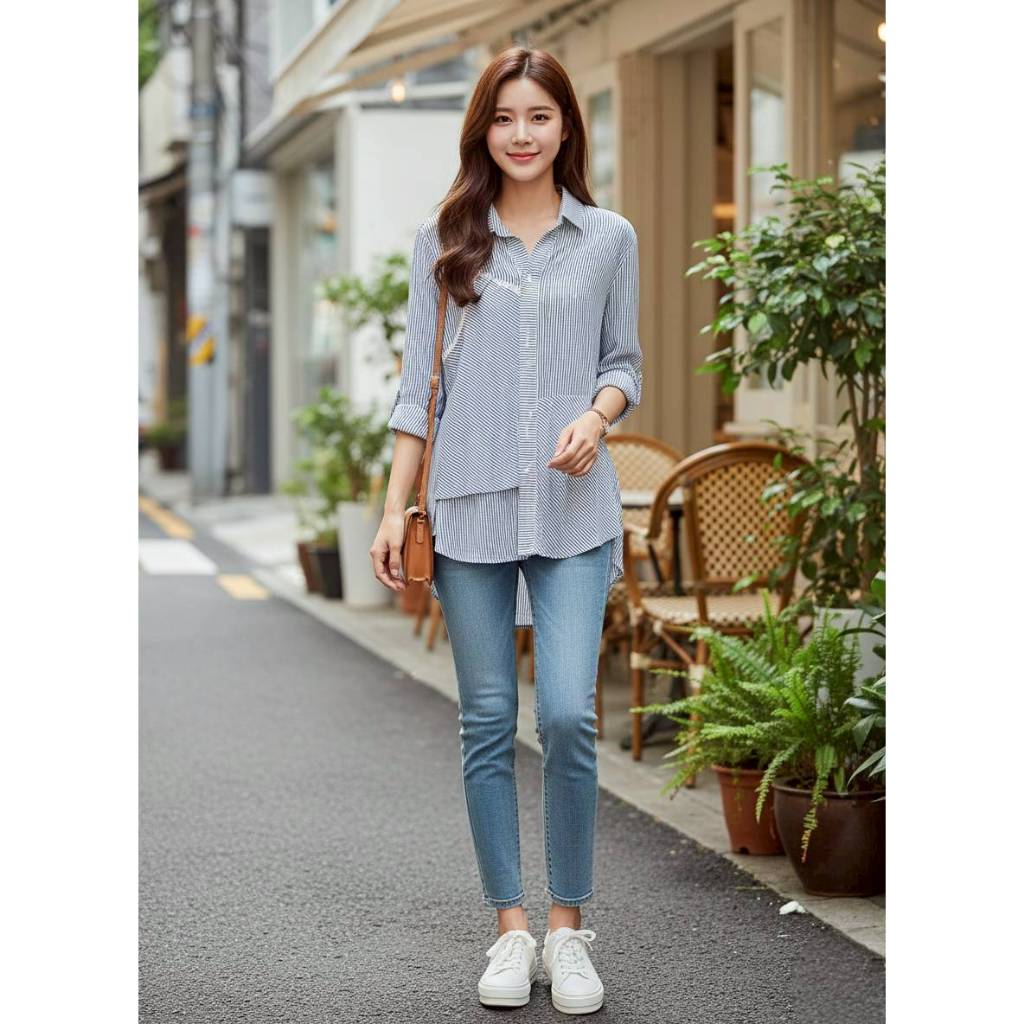 เสื้อเชิ้ตคอปกสีฟ้า/ขาว Odile รุ่น A19BL03BL