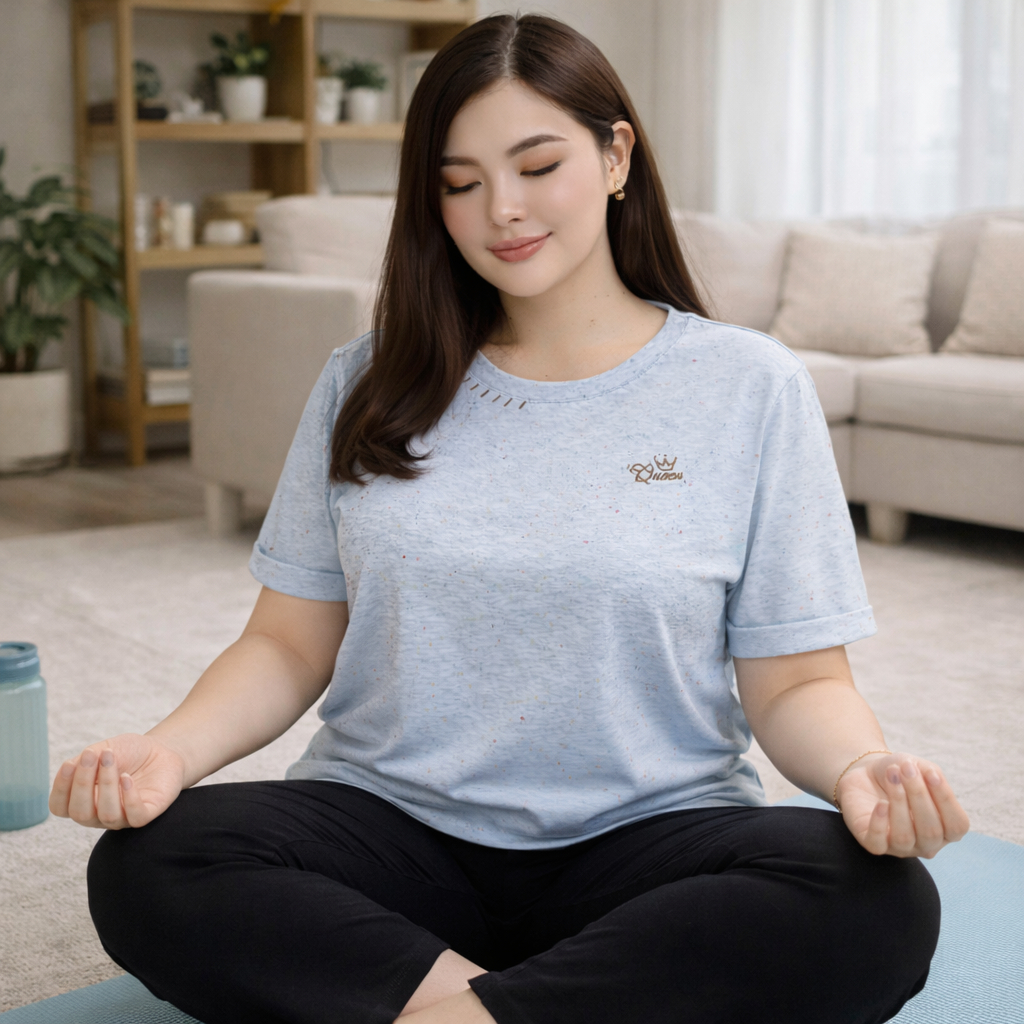 (LX1241)เสื้อแขนสั้นสาวอวบลุคหวานนิดๆ ดูดีได้ไม่ต้องเยอะ! กับงานเสื้อยืดคอกลมแขนสั้น สีฟ้าละมุน - รูปที่ 6