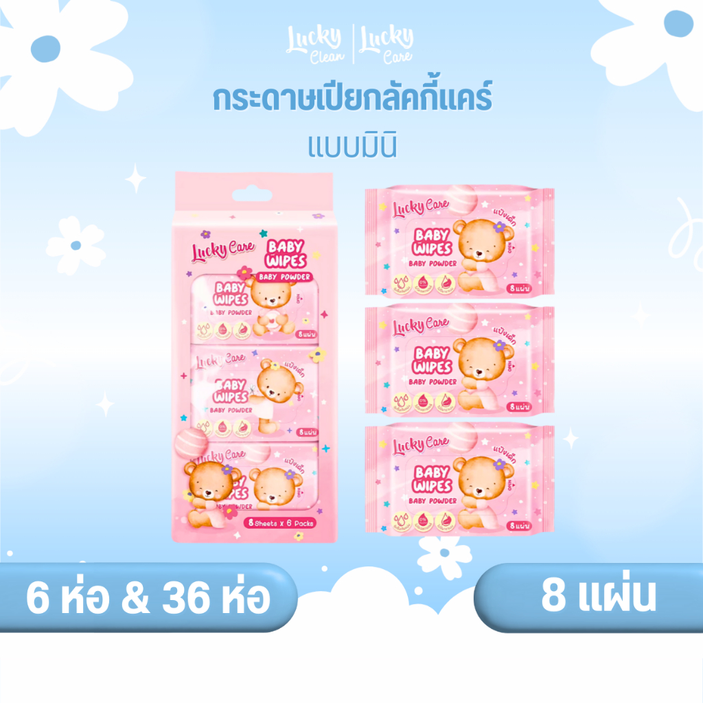 (6ห่อและ36ห่อ) ลัคกี้แคร์ ทิชชู่เปียกมินิลัคกี้แคร์ 8 แผ่น ขนาดพกพา ไม่มีแอลกอฮอล์ ไม่มีพาราเบน