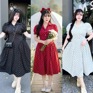 สาวอวบ เดรสสาวอวบ เดรสยาว คอปก แขนตุ๊กตา ทรงคุณหนู ลายจุด เร…
