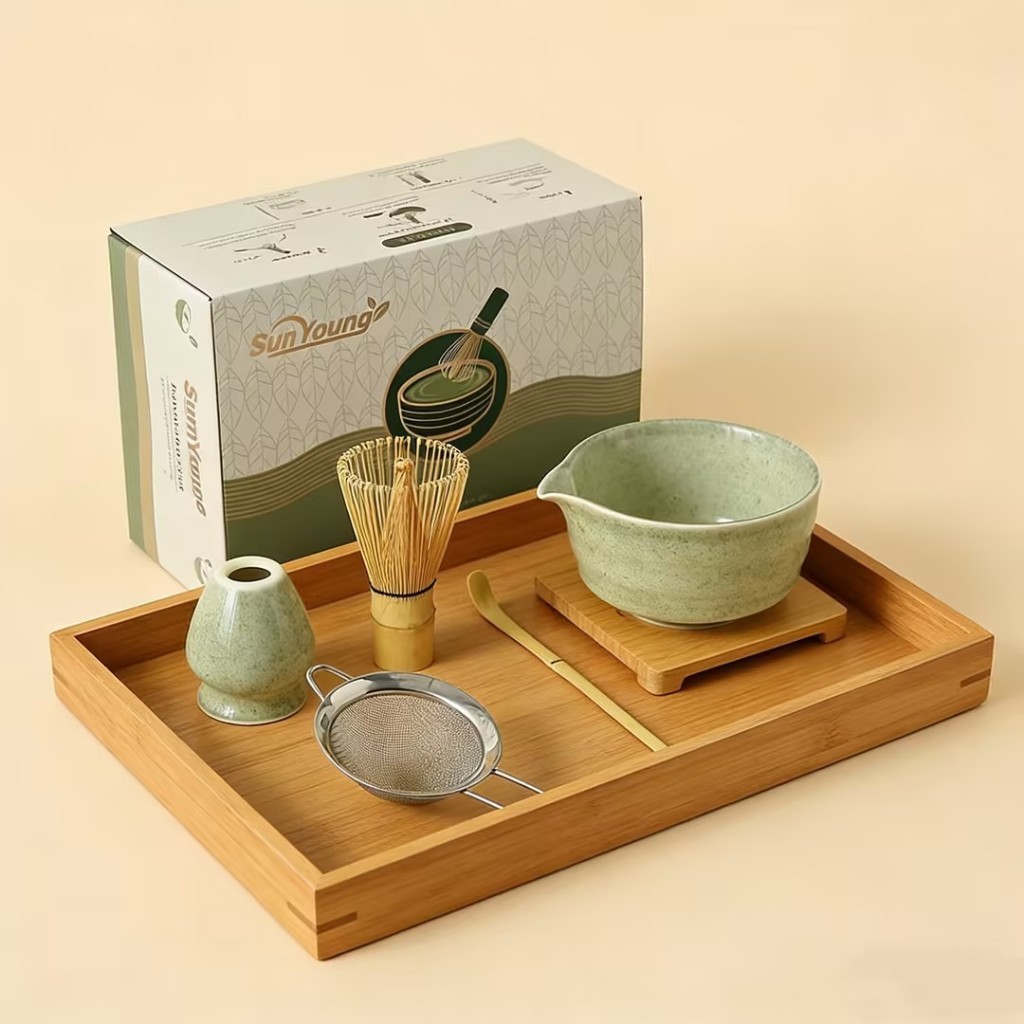 🍵ชุดชงมัทฉะเซรามิก มีปากเท พร้อมแปรงชงชาไม้ไผ่ 100 ก้าน แท่นวาง ครบชุด อุปกรณ์ชงชาเขียวญี่ปุ่น Matcha Set 🔥
