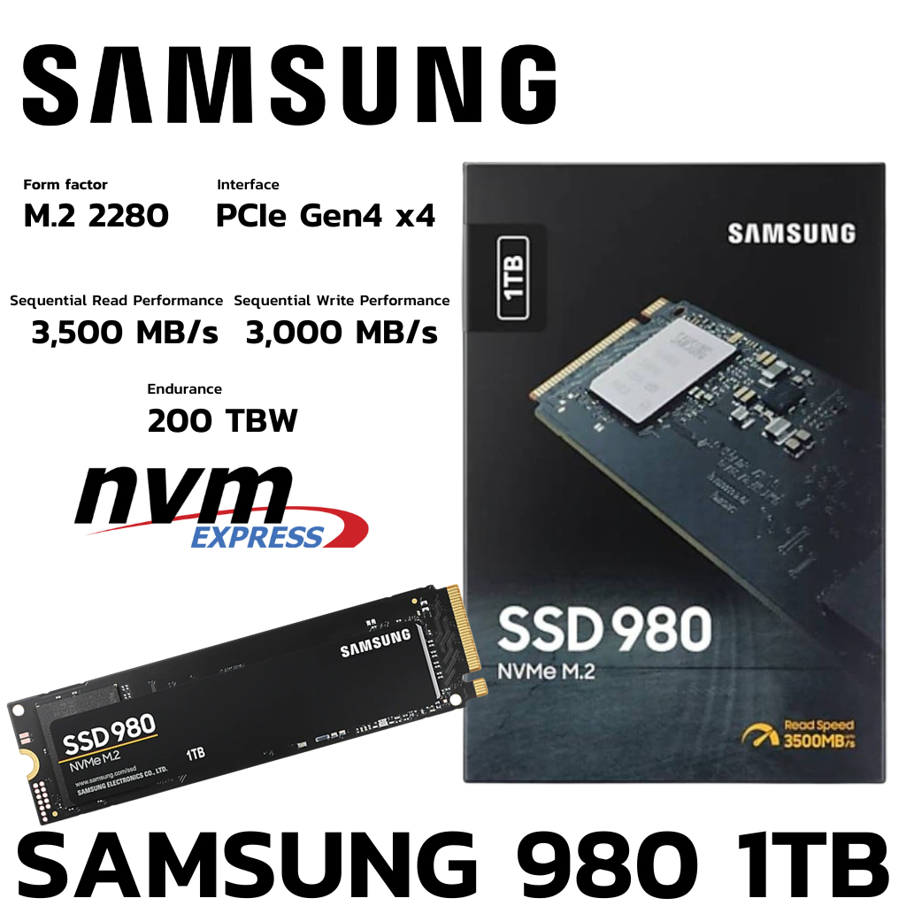 M.2 1 TB SSD (เอสเอสดี) SAMSUNG 980 PCIe/NVMe M.2 2280 (MZ-V8V1T0BW)