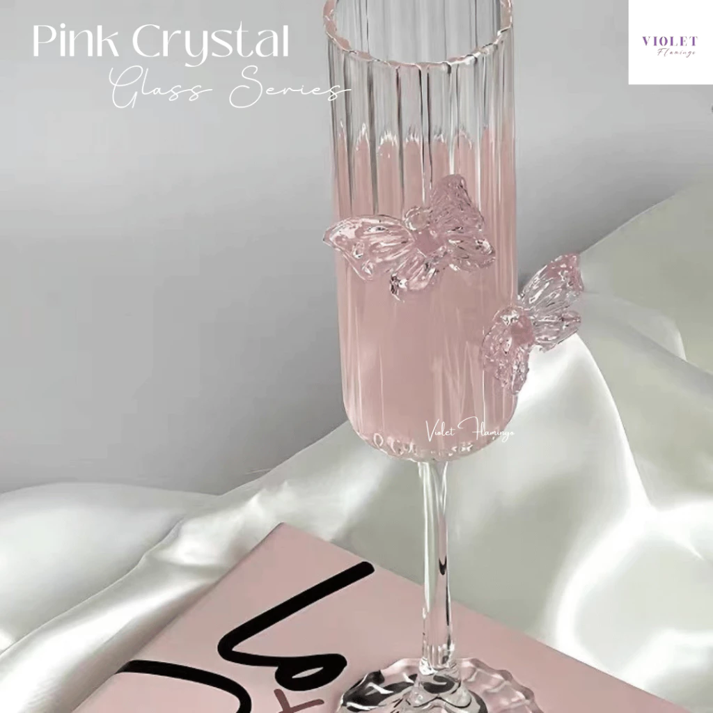 Violet Flamingo - Pink Crystal Glass Series แก้วน้ำ แก้วแชมเปญ แก้วไวน์ ประดับลายผีเสื้อสีชมพูหรือลายหัวใจ/โบว์โรแมนติก thumbnail 7