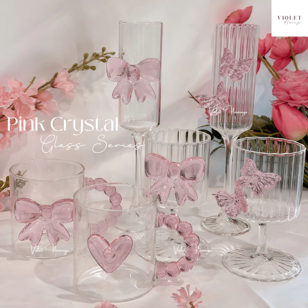 Violet Flamingo - Pink Crystal Glass Series แก้วน้ำ แก้วแชมเปญ แก้วไวน์ ประดับลายผีเสื้อสีชมพูหรือลายหัวใจ/โบว์โรแมนติก thumbnail 5