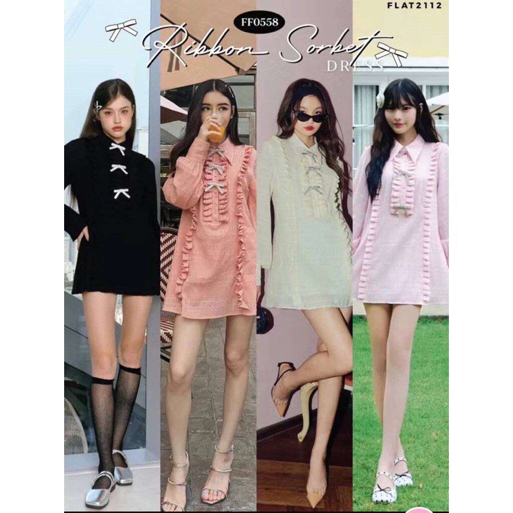 สีชมพูขาว  ดำ โอรสสวยมาก FLAT2112 FF0558 : RIBBON SORBET DRESS เดรสออกงาน เดรสสั้น เดรสงานแต่ง